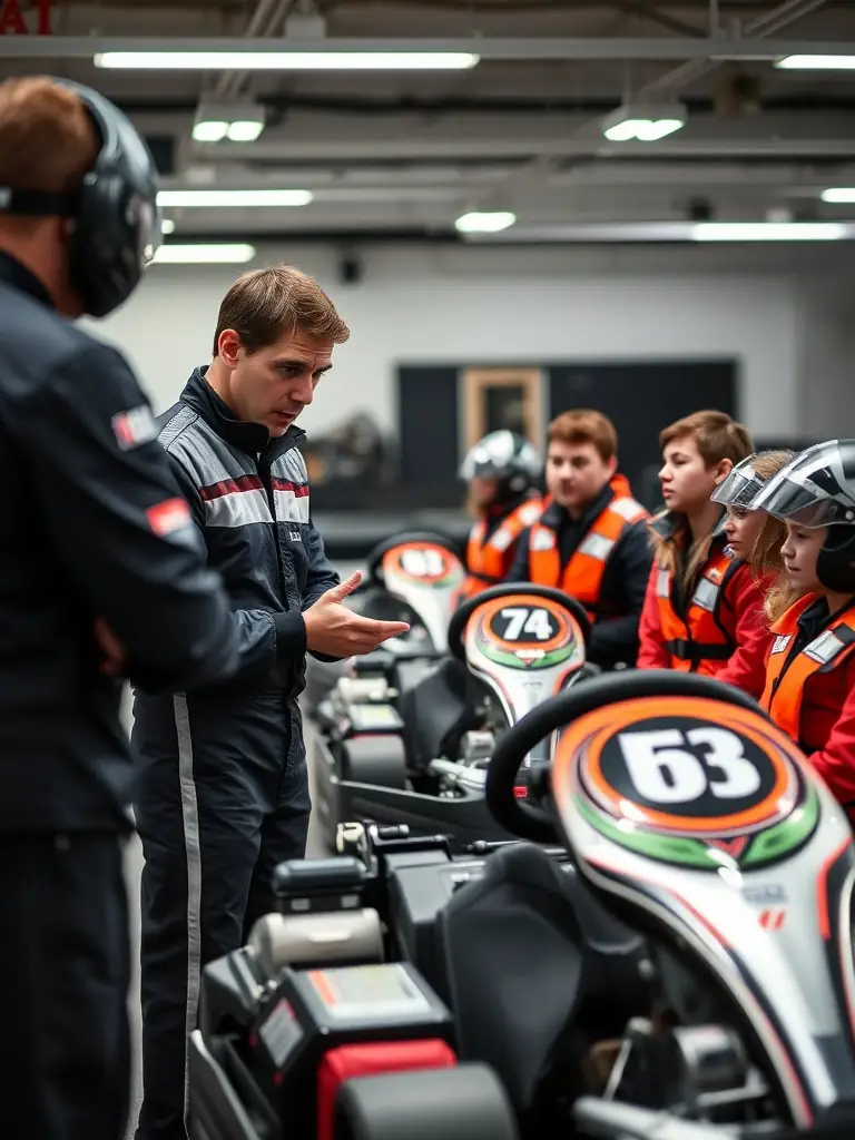 A group of participants in a driving course, receiving instruction from a professional trainer on proper techniques and safety measures.