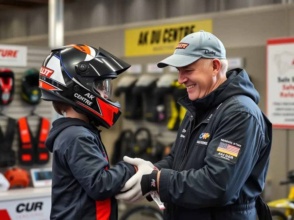 A participant receiving safety gear and guidance from AK DU CENTRE staff, highlighting the organization's commitment to providing access to essential resources and promoting safe motorsport practices.