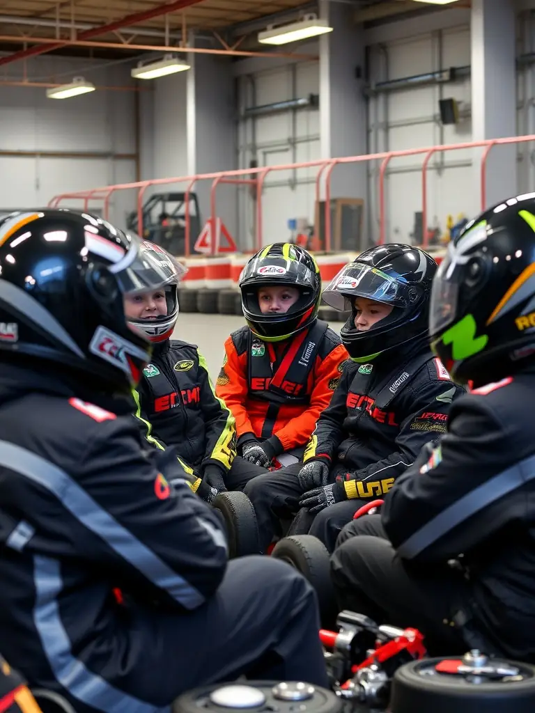 Participants receiving safety instructions before a karting event, emphasizing the importance of safety gear and responsible driving practices.