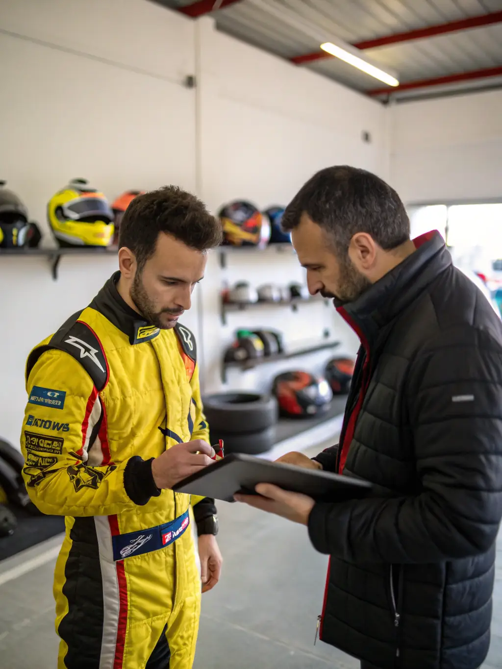 A focused image of a participant receiving guidance from an instructor during a karting workshop, highlighting the educational aspect of AK DU CENTRE's programs.