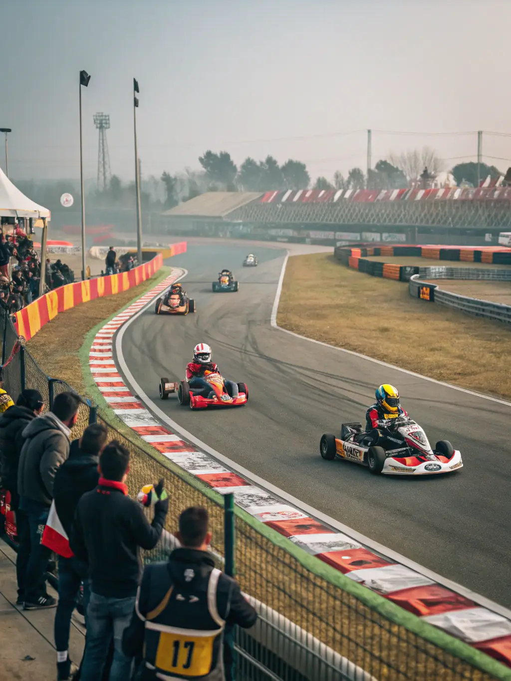 A vibrant photograph capturing the excitement of a karting competition organized by AK DU CENTRE, with young drivers racing on a track, showcasing the thrill and skill involved in the sport.