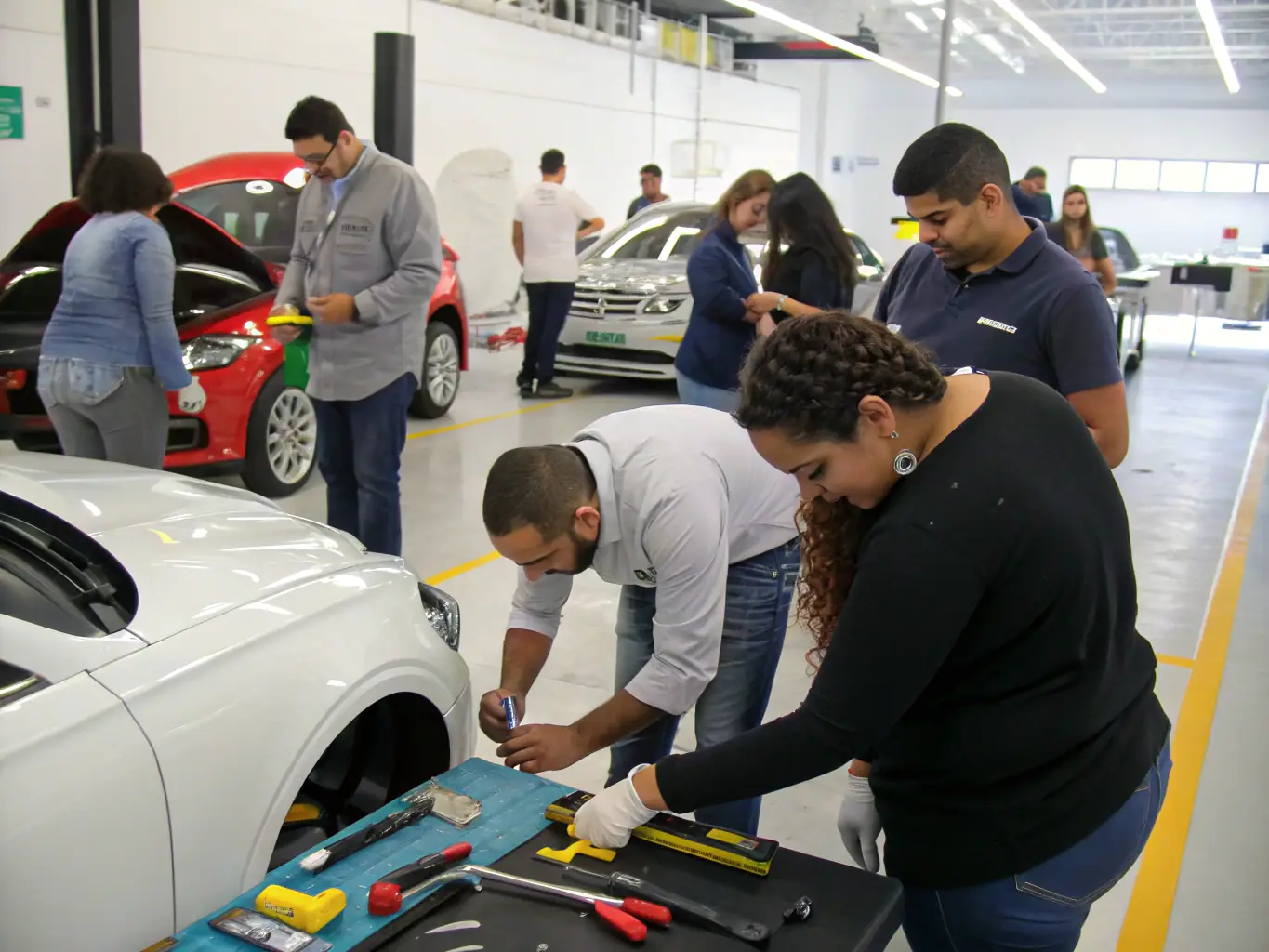 A group of young adults participating in a karting workshop, learning about vehicle mechanics and safety procedures, with instructors providing hands-on guidance.
