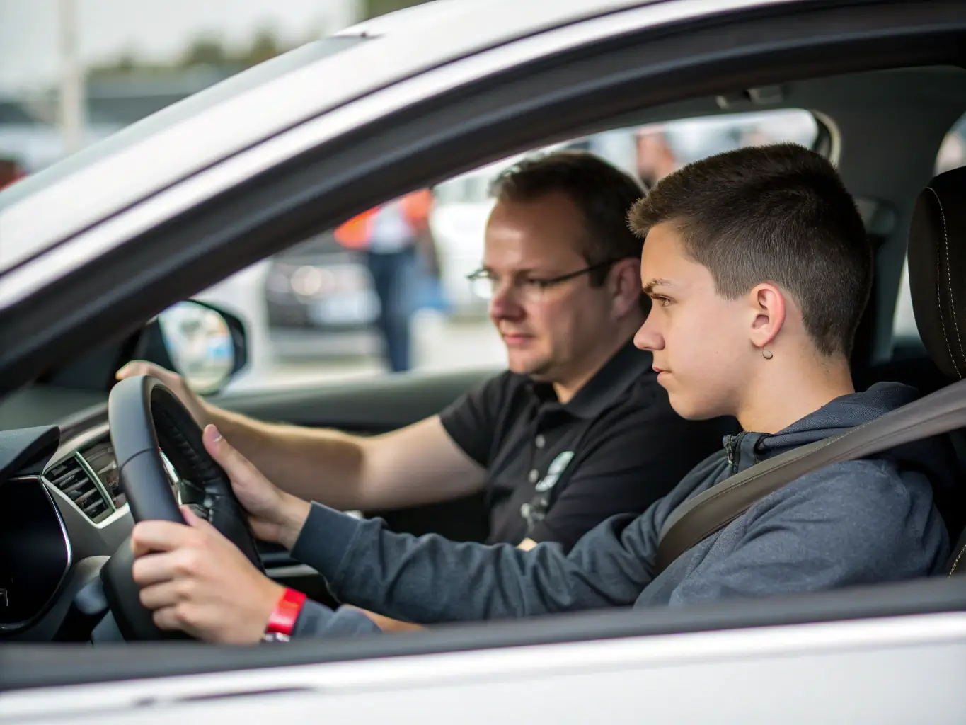 An image depicting a driving course organized by AK DU CENTRE, with instructors guiding participants on proper techniques and safety measures in a controlled environment.