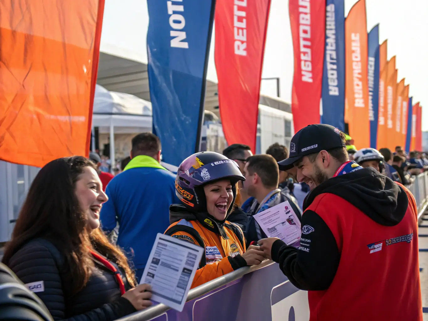 A diverse group of people volunteering at a motorsport event organized by AK DU CENTRE, assisting with track setup, registration, and event logistics, showcasing community engagement.