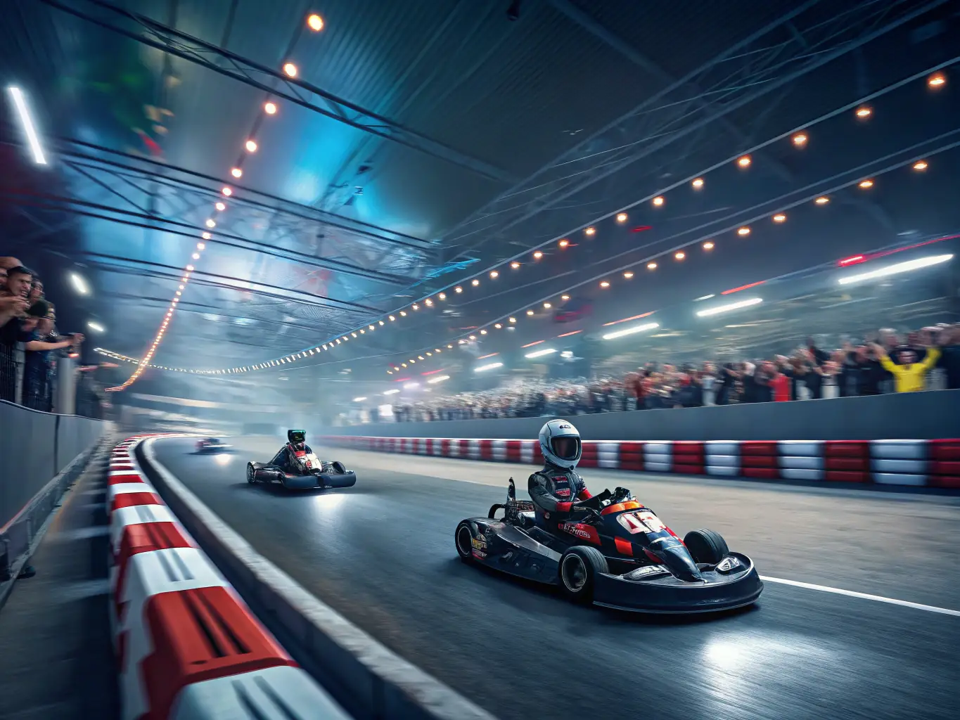 A vibrant image showcasing a karting competition organized by AK DU CENTRE, with young participants racing on a track, surrounded by cheering spectators and event staff.