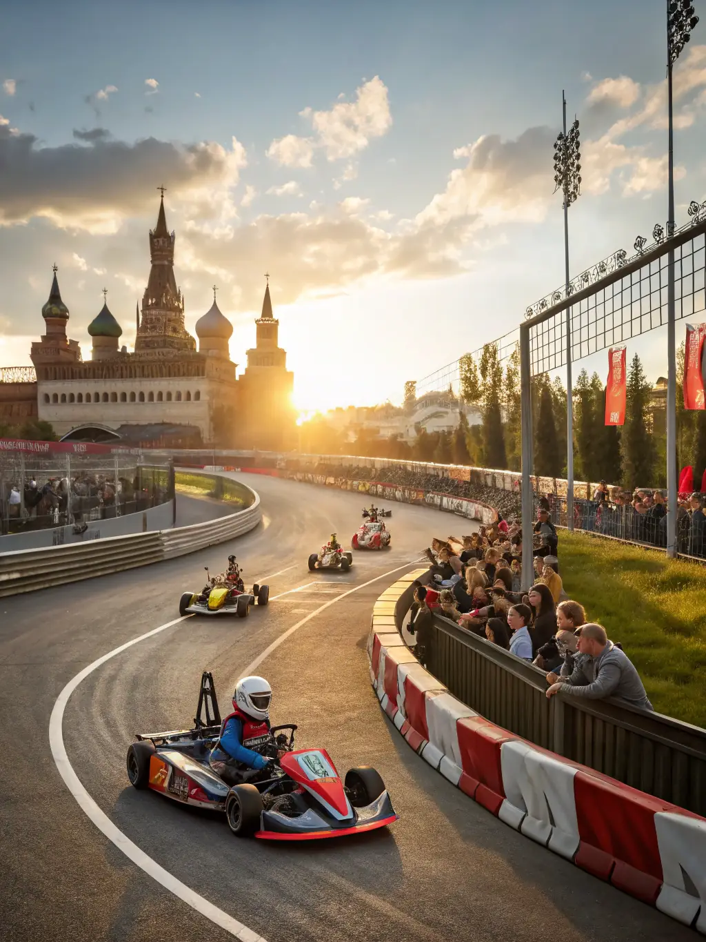 A high-speed karting race with several karts closely competing on a track, showcasing the excitement and skill involved in the sport.